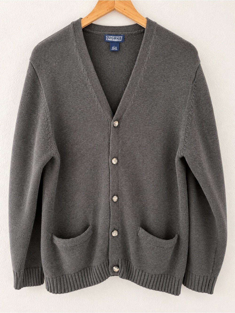 Vintage Lands’ End Heavy Cotton Cardigan Sweater Gray Size L 42-44 USA Classic